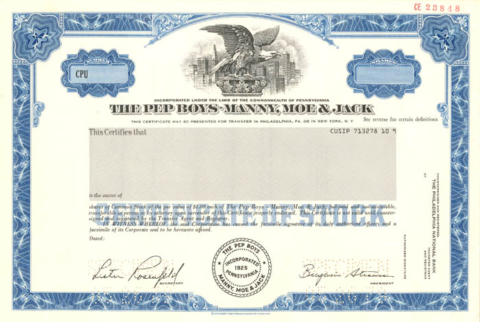 Pep Boys-Manny, Moe and Jack - Stock Certificate